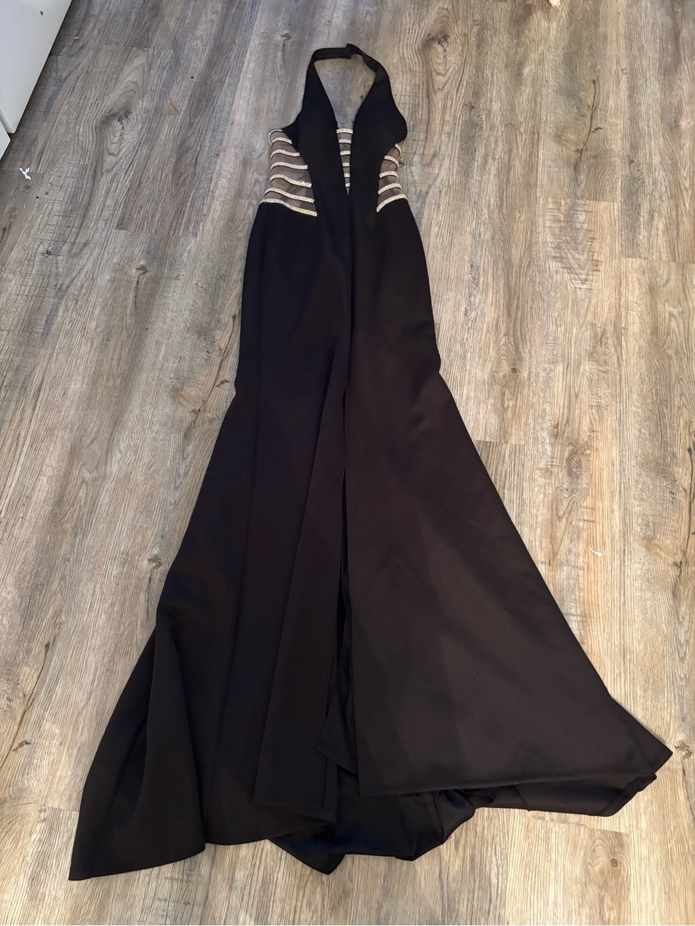Terani Couture Black Halter Gown with Silver Beaded Waist